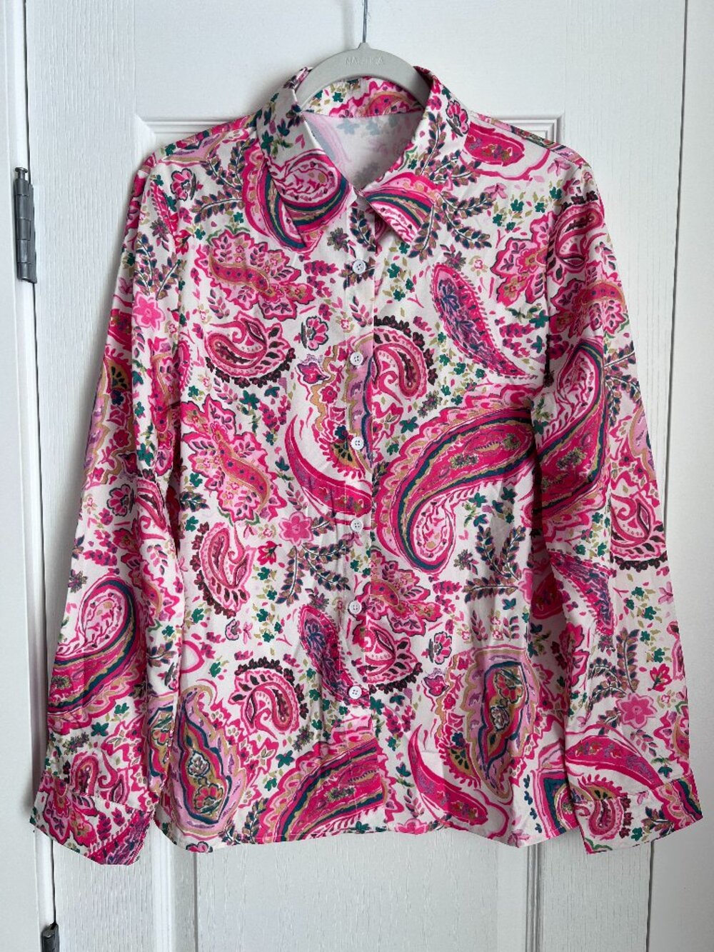 Vibrant Pink & Green Floral Paisley Button-Up Blouse - Size Med